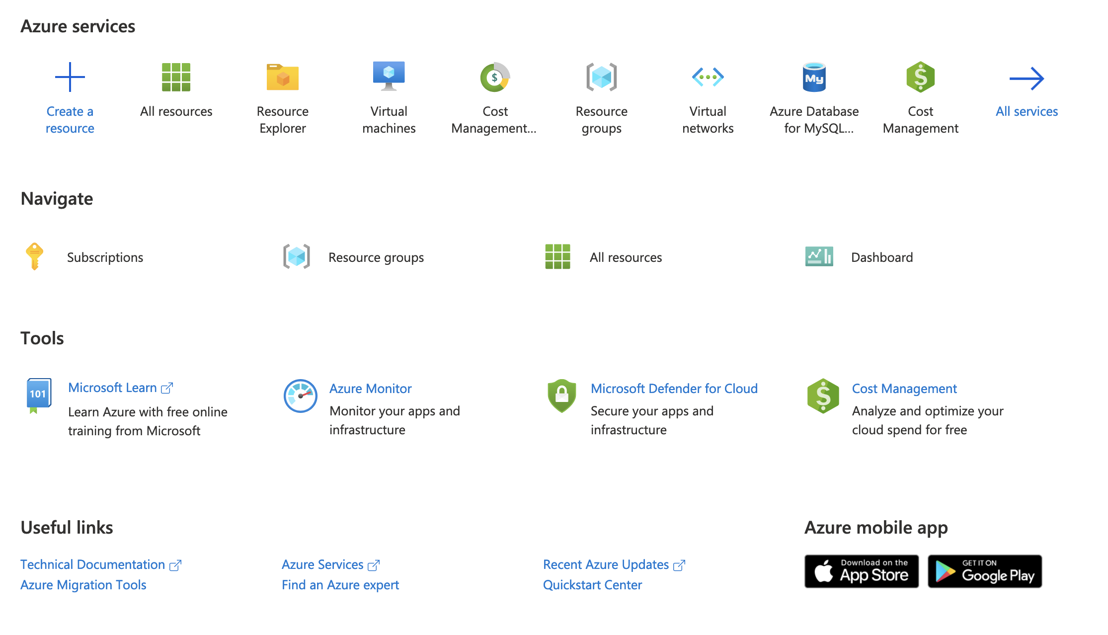 Initial Azure Portal screen