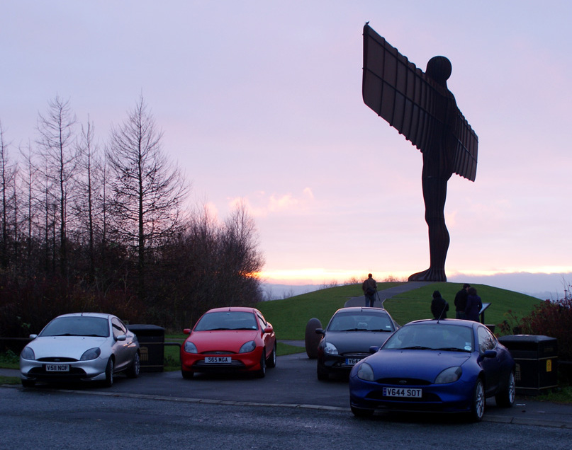 Ford Pumas in front of the Angel of the North at Sunset