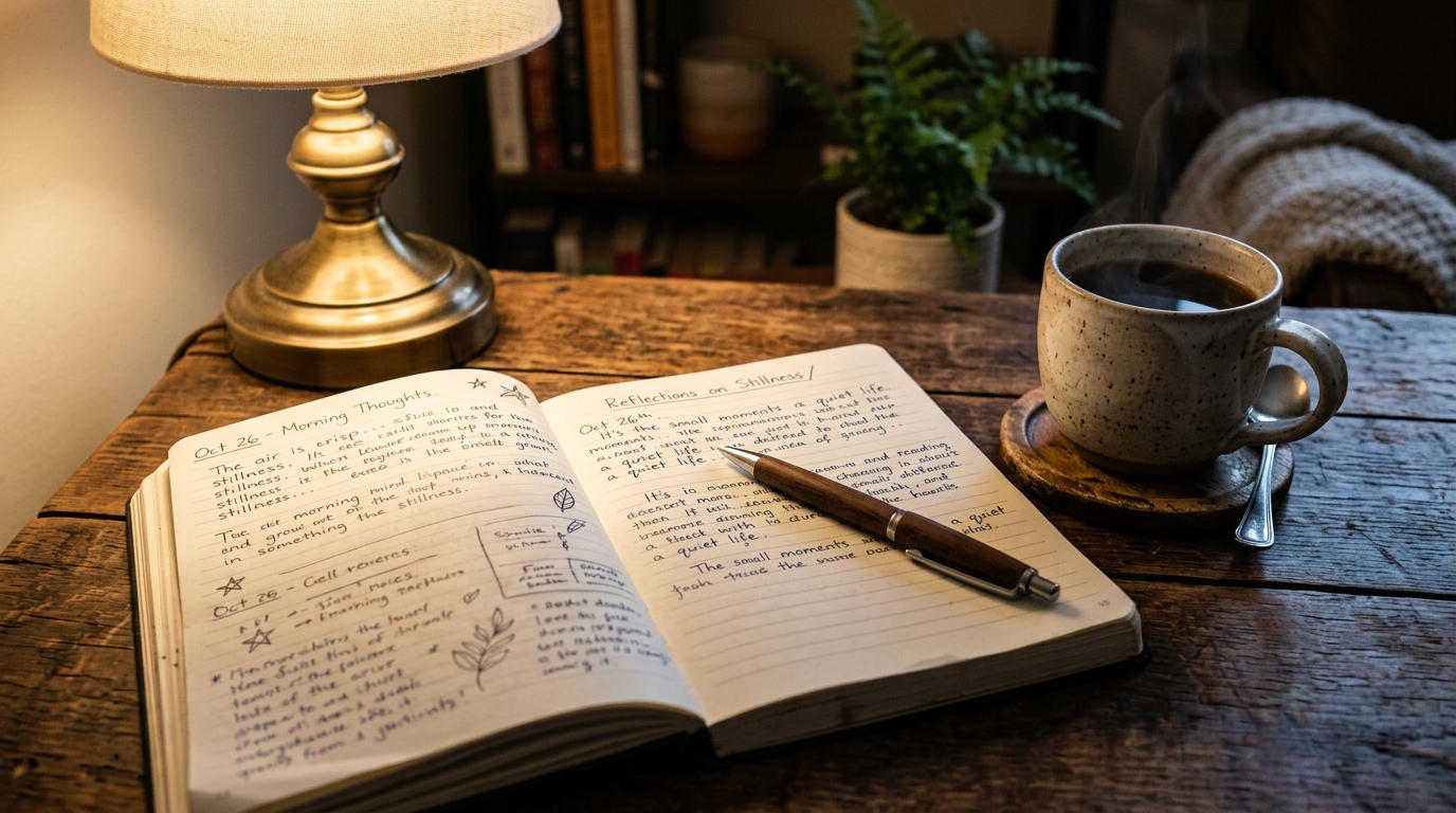 A desk containing a handwritten journal and a cup of coffee, with warm light showing
