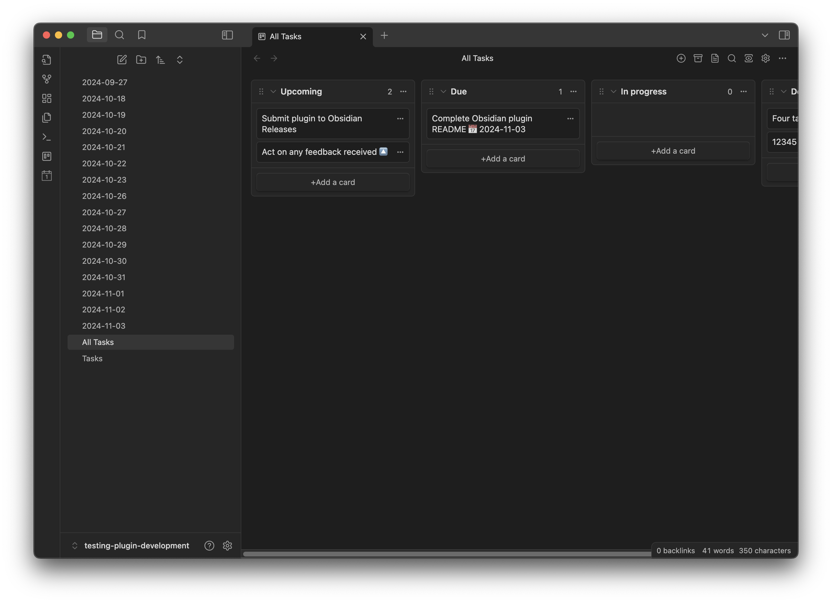 Auto Tasks: Example of tasks shown in a Kanban board within Obsidian