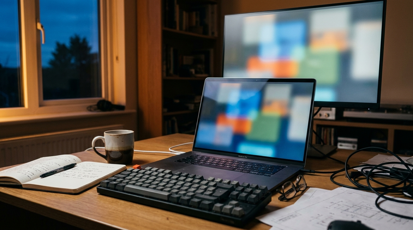 A cluttered engineer's desk in the late evening, with a MacBook Pro and external monitor both showing blurred work, a mechanical keyboard, a cold mug of coffee, and an open notebook lit by warm light from a nearby window