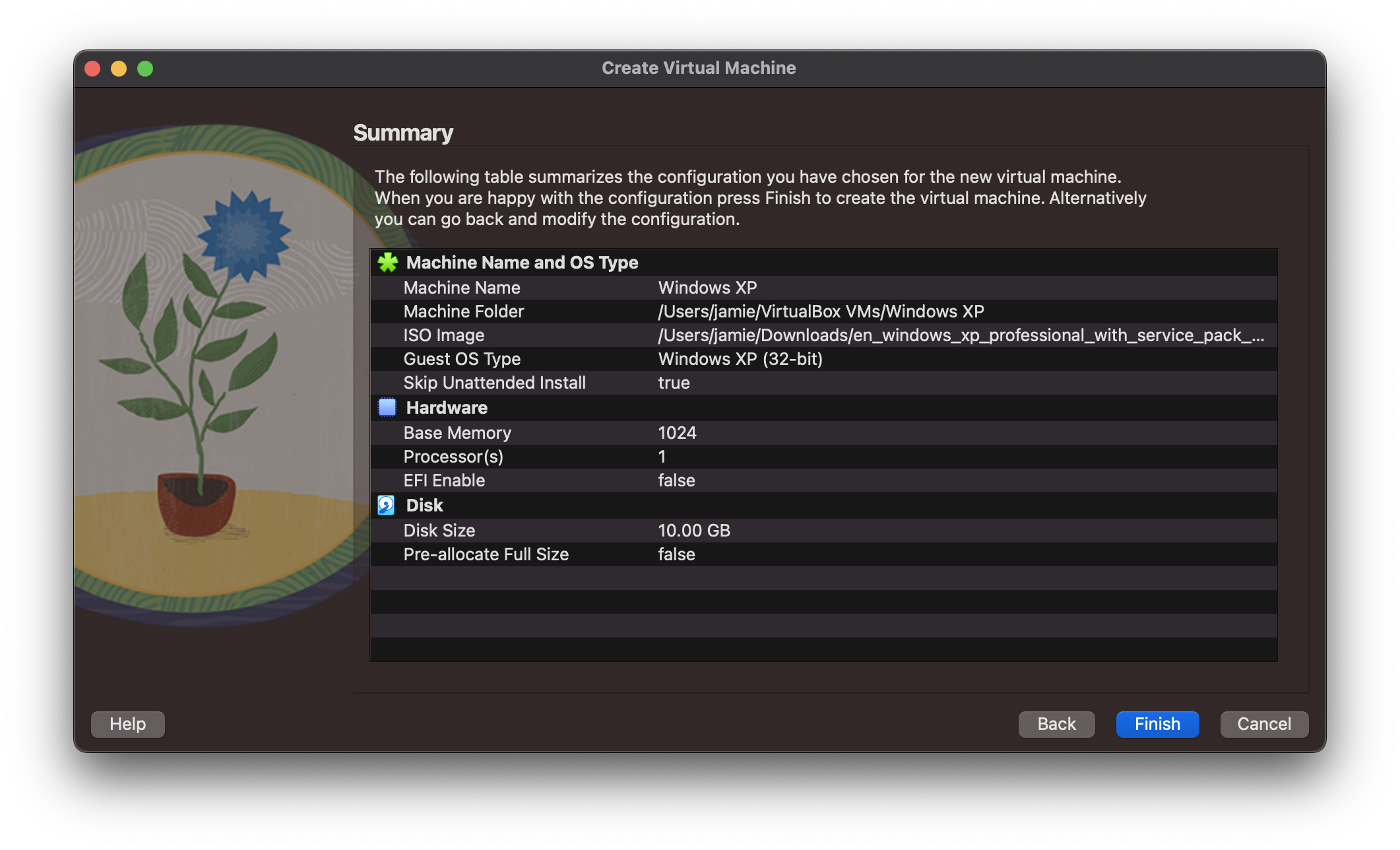 Screenshot showing VirtualBox settings for Windows XP VM